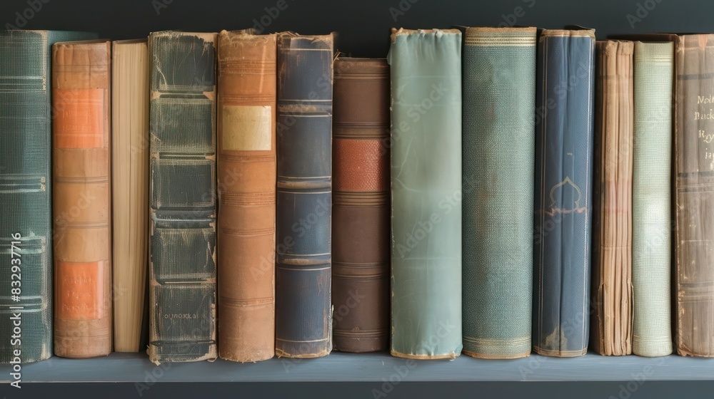 Naklejka premium A close-up shot of books neatly arranged on a library shelf, leaving space between the books for adding text or graphics 