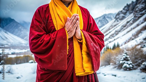 Male hands of a Tibetan monk in a red yellow cassock on a snowy landscape photo
