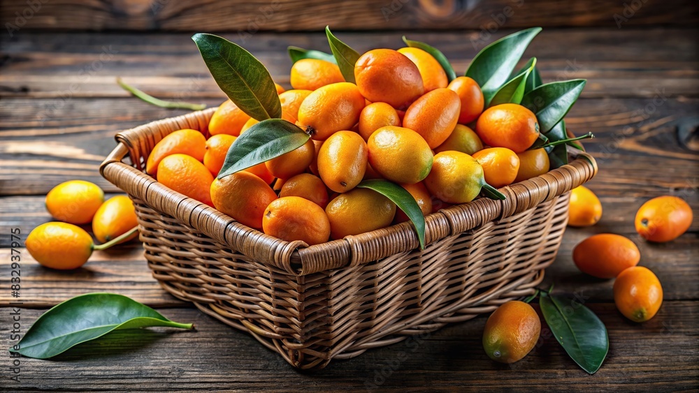 Basket filled with fresh ripe kumquats on rustic wooden table