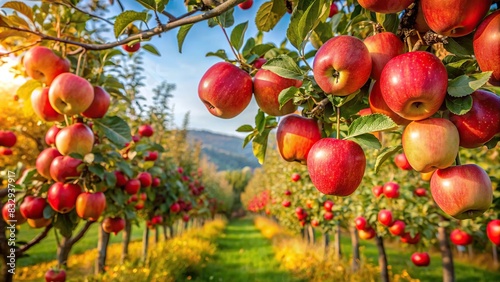 An abundance of ripe apples hanging from the branches in a picturesque apple orchard during autumn