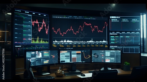 HD realistic capture of a professional financial setting with monitors showing growth graphs, rising arrows, and market analysis data. © Love Mohammad