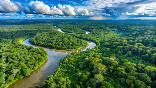 Aerial view of the lush Amazon rainforest jungle with a winding river below photo