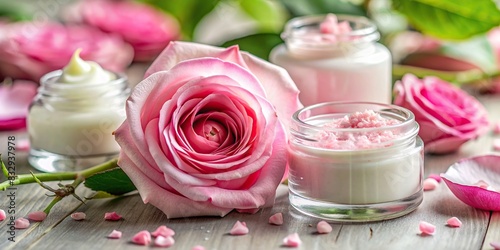 Close-up of a blooming rose with skincare products for beauty concept