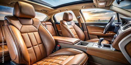 Luxurious leather interior of a modern car with plush backrests photo