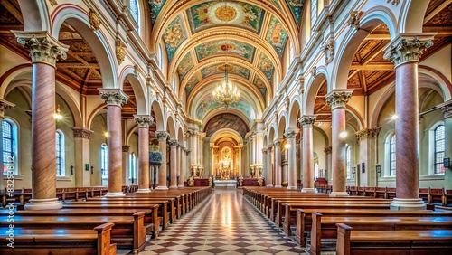 Spacious interior of an empty church featuring elegant columns and ornate decorations