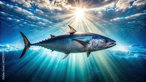Bluefin tuna fish swimming gracefully in crystal clear ocean water with sunlight streaming through the surface photo
