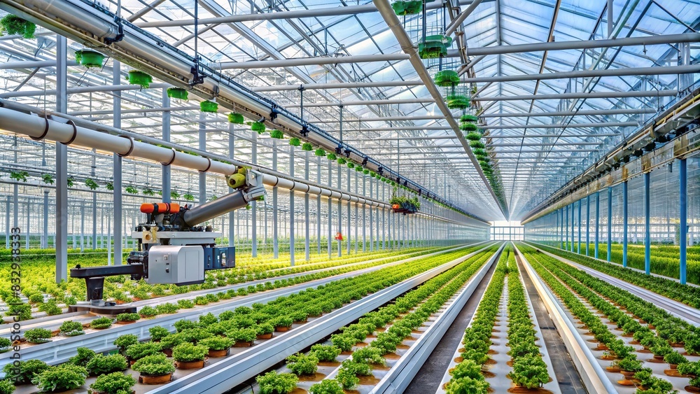 A high-tech greenhouse filled with rows of advanced farming equipment and automated irrigation systems