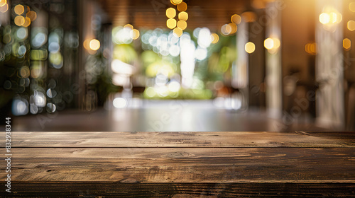 Wooden Table mockup with Blurred Lobby Background