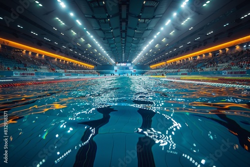 Eye-catching imagery of an empty running track with urban skyscrapers in the background, exuding potential and expansiveness photo