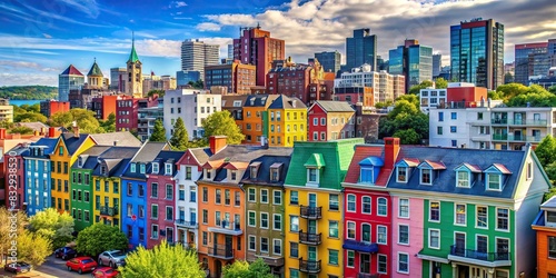 Colorful cityscape with buildings in vibrant colors meeting WCAG standards photo