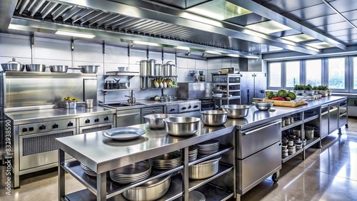 Clean and organized restaurant kitchen with stainless steel appliances and utensils