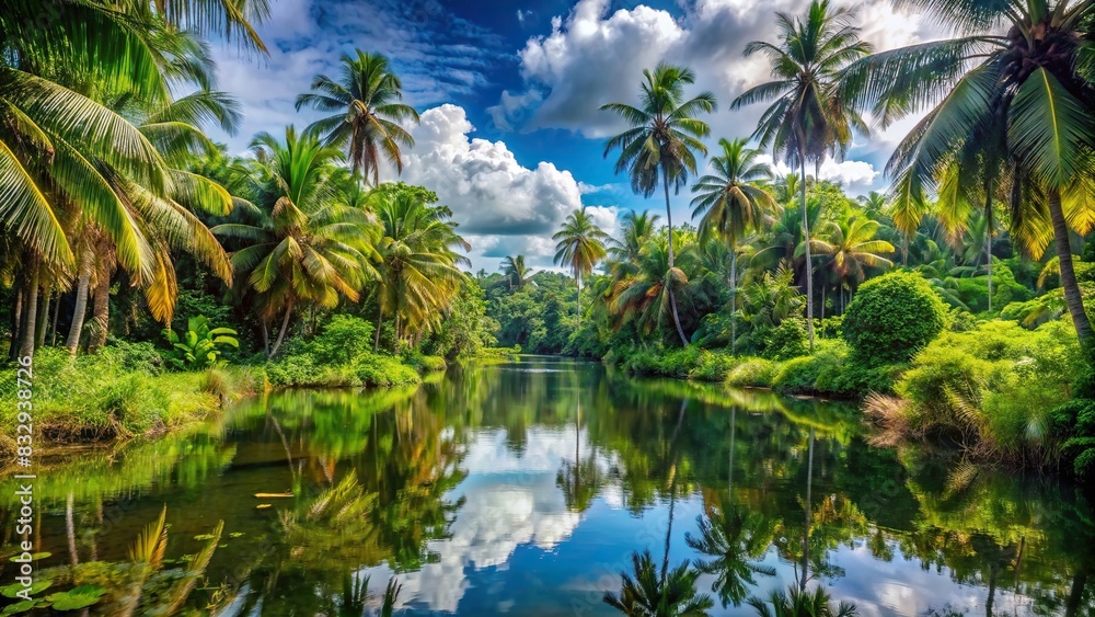 A wild, pristine tropical landscape with a swampy lake and lush vegetation of an impenetrable jungle