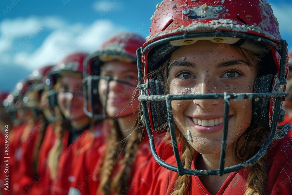 Female athletes in red sports gear are lined up with a focus on the helmets, showcasing a sense of team spirit and preparation Female athletes in red sports gear are lined up with a focus on the helmets, showcasing a sense of team spirit and preparation