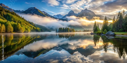A serene lake nestled in foggy mountains during the early morning photo