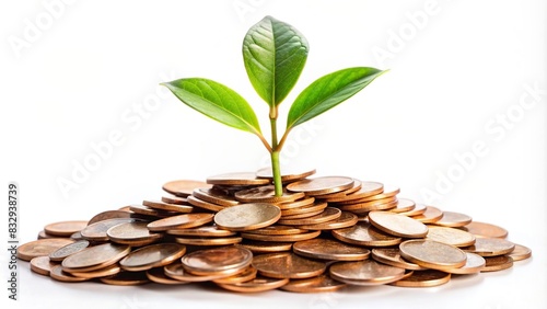 Plumule leaf growing from heap of coins, depicting finance saving and investment