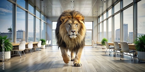 A fierce lion roaming through a modern corporate office setting photo