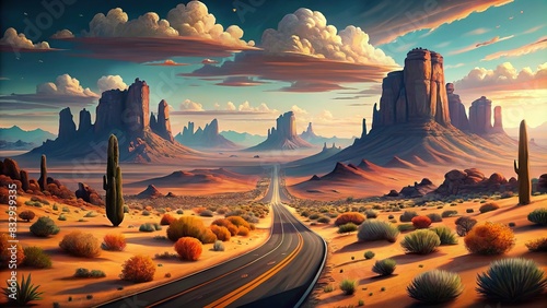 AI generated graphic art of a desert road exploration adventure photo