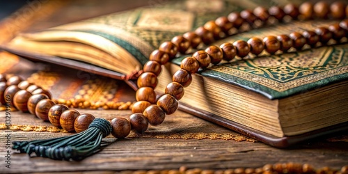A close-up of prayer beads and a Quran in a quiet, sacred space