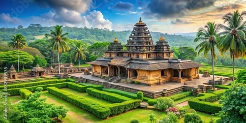 A traditional ancient temple surrounded by lush greenery in a historical site photo