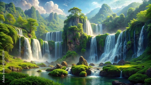 Majestic waterfall cascading down a lush green landscape, generated by AI photo