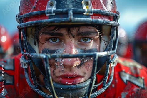 Sharp focus on the front of an American football helmet with a blurred background © LifeMedia