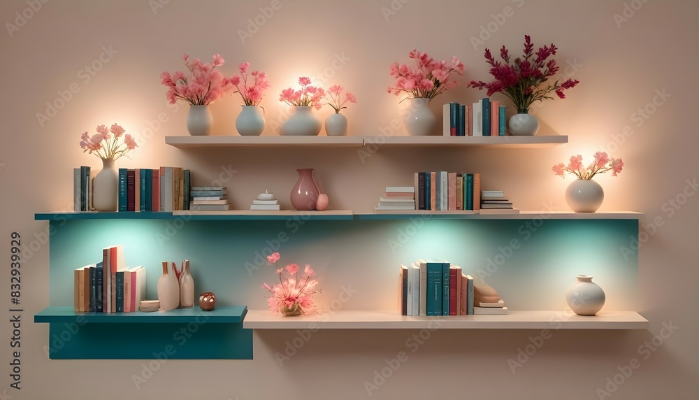 beige wall, soft pink shelves with books, flowers, real photo beige wall, soft pink shelves with books, flowers, real photo