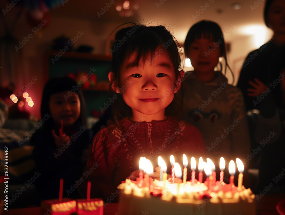 가족, 친구들과 함께하는 깜짝 생일 파티. 어두운 방에서 밝게 빛나는 생일 케이크와 기대가득한 얼굴로 케이크를 바라보는 어린이 생일자. 가족, 친구들과 함께하는 깜짝 생일 파티. 어두운 방에서 밝게 빛나는 생일 케이크와 기대가득한 얼굴로 케이크를 바라보는 어린이 생일자.