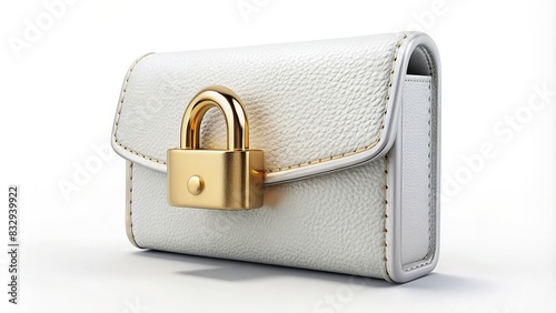 render of a small wallet with a gold lock in white leather, isolated on a background