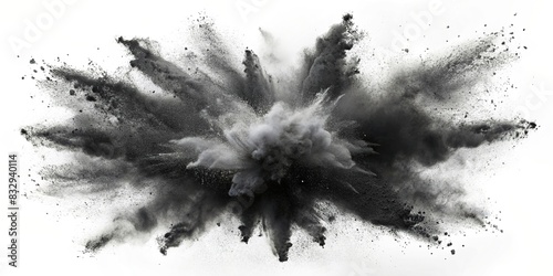 Black chalk pieces and dust flying, creating an explosive effect isolated on white background photo