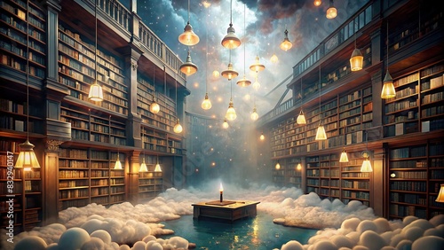 A serene library filled with floating books, glowing with magical light, and surrounded by ethereal mist, symbolizing a mind brimming with imagination photo