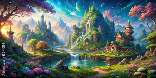 Enchanting fantasy landscape with mystical creatures and magical elements © surapong