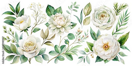 Watercolor floral set of white flowers, rose, peony, and gold green leaf branches for wedding invites and wallpapers. Includes eucalyptus, olive leaves, and chamomile photo
