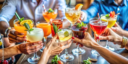 Detail of hands holding cocktails in celebration