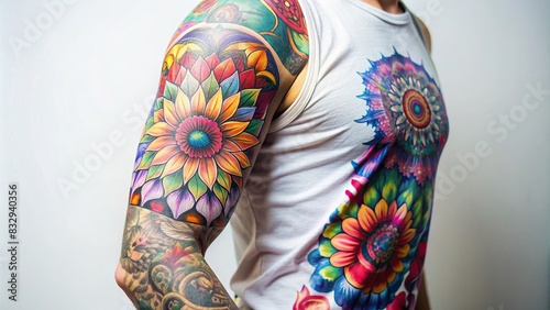 Modern and colorful sleeve tattoo pattern on white background photo