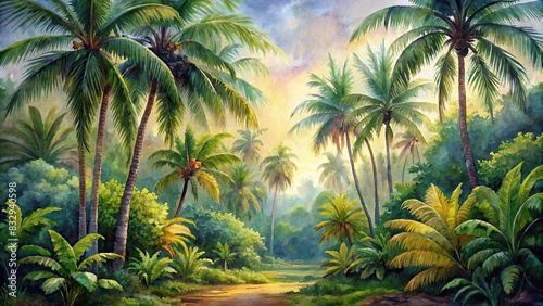 Decorative watercolor painting of palm trees in a jungle forest landscape