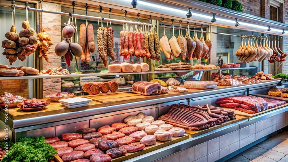 A stock photo of a traditional butcher shop with various cuts of meat on display