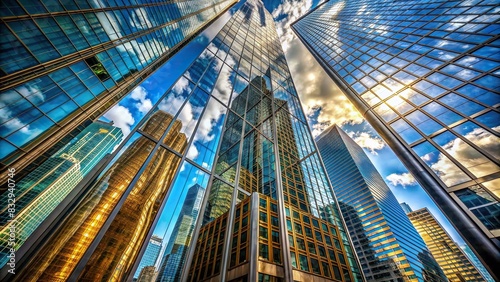 Reflection of modern skyscrapers on a glass building from a low angle view