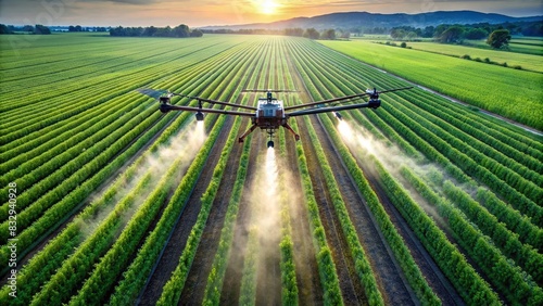 Aerial view of drone spraying pesticides on crops in agricultural field photo