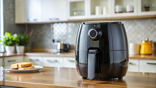Close up of a black air fryer on the kitchen island photo