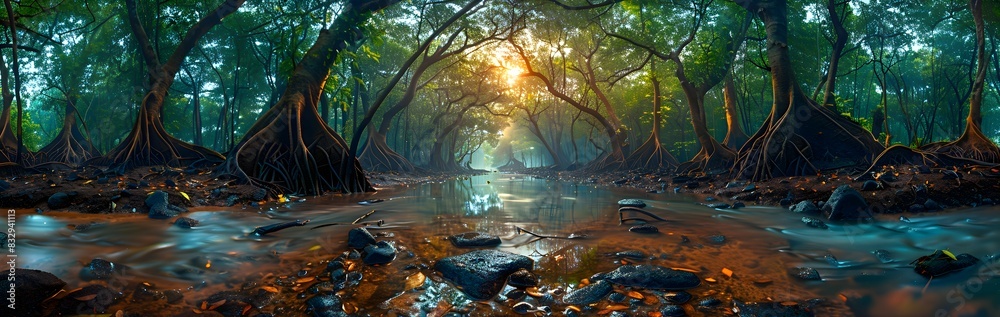 A panoramic view of a nature mangrove forest, the dense network of roots and branches creating a dramatic scene A panoramic view of a nature mangrove forest, the dense network of roots and branches creating a dramatic scene
