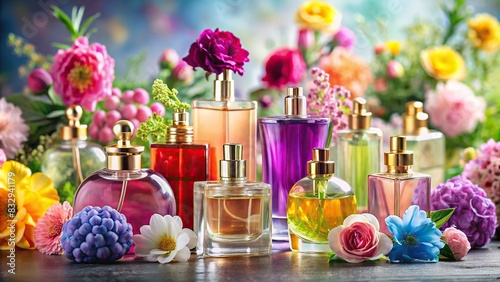 Vibrant array of floral perfume bottles in assorted hues on minimalist backdrop photo