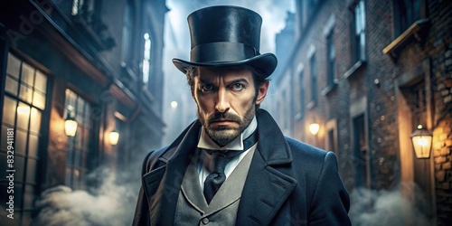Victorian man in top hat and suit in a mysterious setting photo
