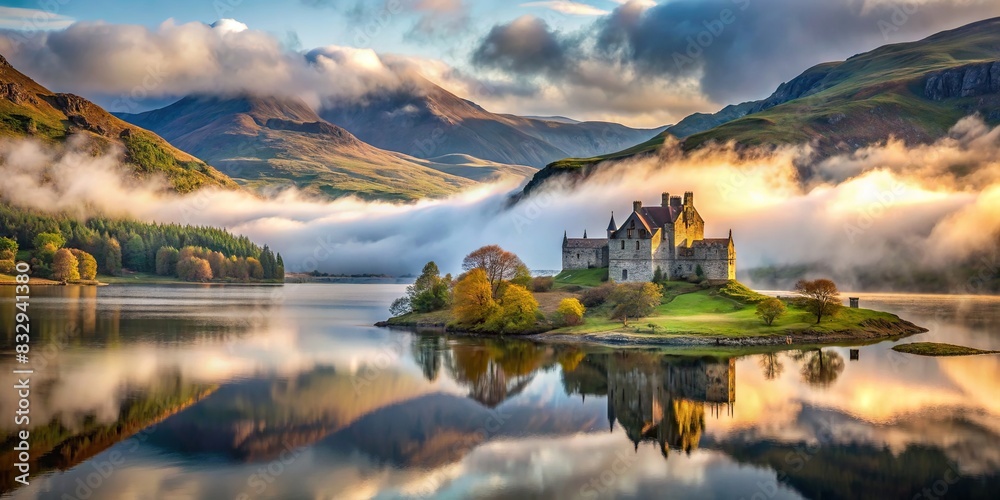 Majestic Scottish castle in countryside with misty hills and lake