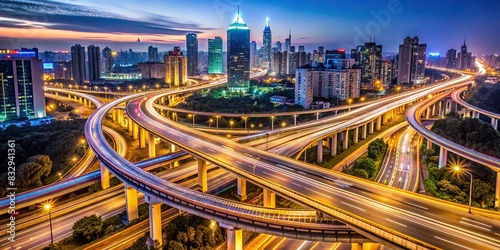 An impressive photo of busy highway interchanges illuminated by night lights, depicting the vibrant movement of urban traffic in a bustling city photo