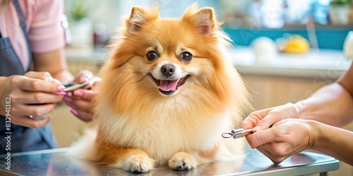 Close up of a spitz dog getting its nails trimmed at a pet shop spa photo