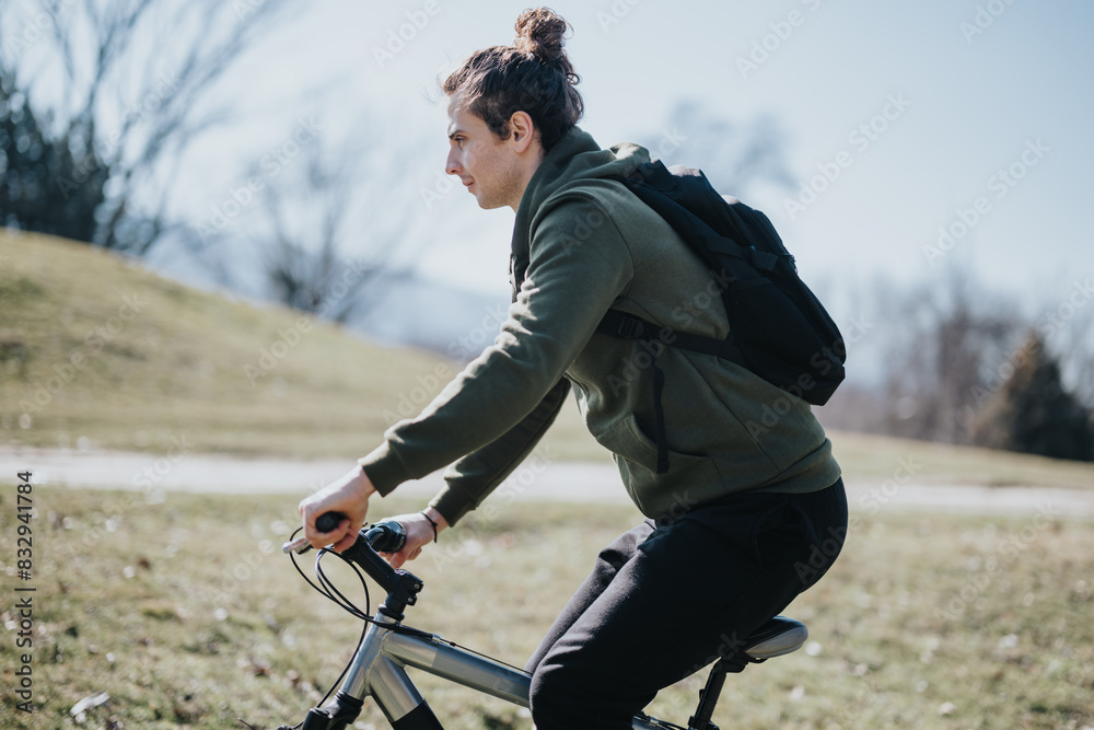 A young man with a backpack rides a bicycle in a sunny park, showcasing a moment of relaxation and outdoor activity.