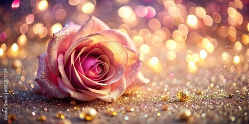 Rose pink glitter background with gold sparkles, abstract Christmas lights in defocused background photo