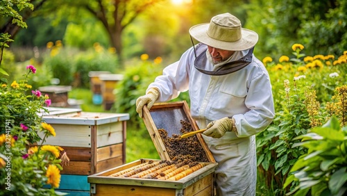 Beekeeper tending to beehives in a lush garden photo