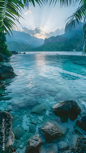 A panoramic view of a nature island  the calm water and lush surroundings creating a serene atmosphere