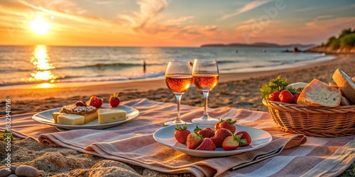 A serene picnic setting on the beach featuring strawberries, appetizers, and rose wine, illuminated by the warm glow of a sunset over the sea